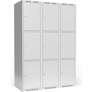 Garderobeskab 3x400 mm m/lige tag, 3 rum i højden og lys grå dør m/cylinderlås