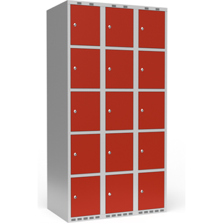 Garderobeskab 3x300 mm Lige tag 5 rum i højden Rød dør Cylinderlås