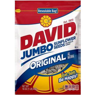 DAVID Ristede og Saltede Original Jumbo solsikkekerner - pose på ca. 454 g, en sprød, proteinrig snack til at have med på farten