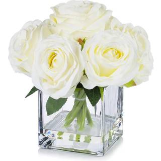Enova blomster 7 store st?ngler kunstige silke roser falske blomster arrangement i terning glasvase med faux vand til hjemmekontor bryllupsdekora