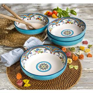 Euro Ceramica Zanzibar Collection Pasta Bowl Set S?t med 4 spanske blomsterdesign Multicolor Blue