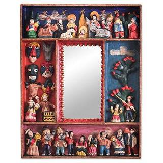 Novica multicolor carnaval scene folkekunst retablo tr? og keramisk v?gmonteret spejl lille carnaval '
