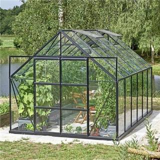 Halls Universal 128 Plus Drivhus hærdet glas i sort med fundament 9,9 m2