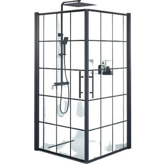 Fjäll Brusehjørne med klar glas og sort profil med sprosser - 100 x 100 cm