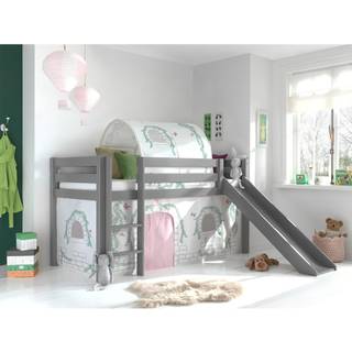 Halvhøj seng med rutsjebane – Pino, grå, Birdy gardin og tunnel
