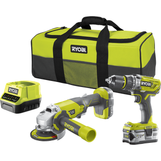 Ryobi 18v combi kit slagboremaskine &amp; vinkelsliber 1x2,0ah &amp; 1x4,0ah batt/lader - På lager i butik