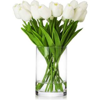 ENOVA HJEM 20 stykker Kunstig ?gte ber?ringstulipaner Blomsterarrangement i glasvase med faux vand til boligdekoration (hvid)