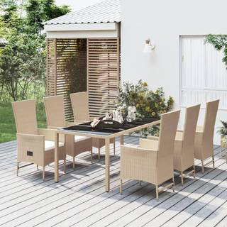 Spisebordssæt Til Haven 5 Dele Med Hynder Polyrattan Beige - 6x stol bord / 190 cm bordlængde
