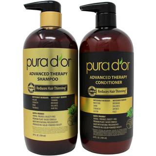 24 fl oz shampoo + 24 fl oz balsam. Pura d'Or avanceret terapisystem Shampoo & balsam reducerer h?rfortyndende til tykkere h?rh?r tilf?rt med pre