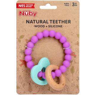 Nuby Natural Wood & Silicone Teether: 3 M+ Hjertearmb?nd Pink