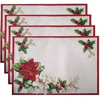 Elrene Home Fashions Røde og hvide Poinsettia Holiday Stofats Julemåtter til bordindretning 13 tommer x 19 tommer sæt af 4