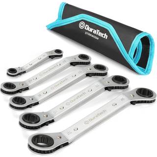 Duratech 5 PC Double Offset Box End Reversible Ratcheting Wrench Set Metric Heavy-Duty Matte Chrome Plated Ratchet Spanner Crooked til smalle rum