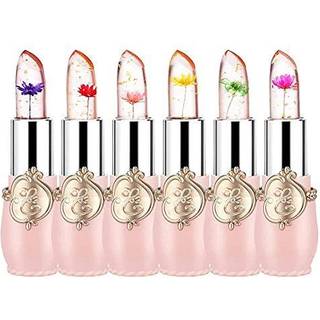 FirstFly Pack med 6 Crystal Flower Jelly Lipstick Langvarig n?rende l?bebalsam l?ber fugtighedscreme magisk temperatur farve skift lipgloss (lyse