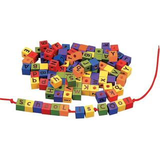 Vidunderligt træalfabetstråleperler øvre og små bogstaver - 104 stykker og 2 snørebånd - Klasselærerforsyninger