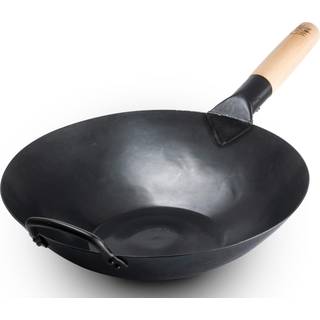 Håndværk Wok Black13 Flad før krydret hamret kulstofstål Wok med træ- og stålhjælperhåndtag (13 tommer flad bund)