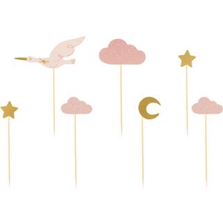 7 stk. cupcake pynt med stork, skyer og stjerner – sød og farverig dekoration til barnedåb og baby shower