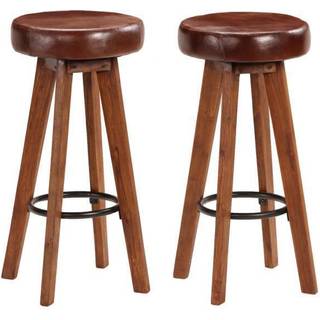 Barstole Ægte Læder Og Massivt Akacietræ - Mørkebrun