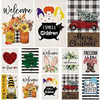 Doncida s?sonbestemte haveflags s?t af 10 dobbeltsidede jute 12x18 tommer velkomst p?ske for?rferie have flag lille g?rdflag til udend?rs dekorat