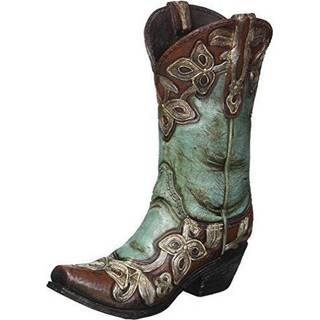 Turkis cowgirl-støvle-vase - håndmalet harpiks med hævede detaljer, slidte pewter-aksenter med brun farve på tå og hæl, 9,25 tommer høj