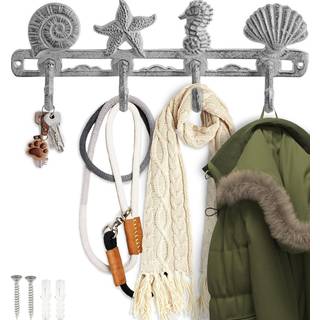 Comffify Vintage Seashell Coat Hook Hanger Rustic Cast Iron Wall Hanger W/ 4 Dekorative Hooks - Inkluderer skruer og ankre - i antik hvid - Beach
