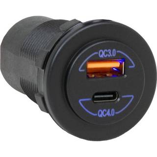 USB-stik Sutars, indbygget, sort, 12 V / 24 V, 18 / 36 W, USB-A + USB-C, med låg + belysning