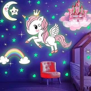 Gl?d dig i de m?rke stjerner gl?dende enhj?rningss?t med Castle Moon og Rainbow Wall Decals for Kids Bedding Room Fantastisk til f?dselsdagsgavev