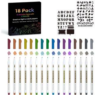 18 PAKK METALLISK MARKERINGER LINEON 16 farver Fin tip Paint Pens med 2 stencils til DIY h?ndv?rk Foto Album Rock Art Maleri Kort Making Glass Wo