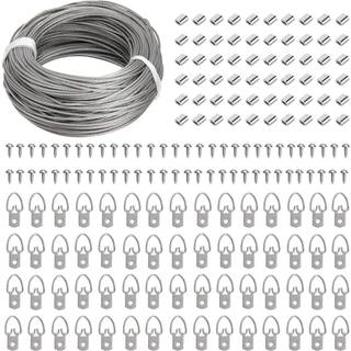Billede h?ngende kit - 100 fod rustfrit st?l h?ngende ledning 60 pcs d ringbillede b?jler med skruer og 60 stk aluminium krympende loop ?rme til