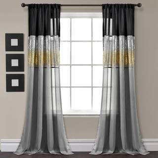 Lush Decor Night Sky Window Curtain Panel Single 42 """" W X 84 """" L Black & Gold - Sequin Curtains - Sparkle & Color Block Design - Moderne glamin
