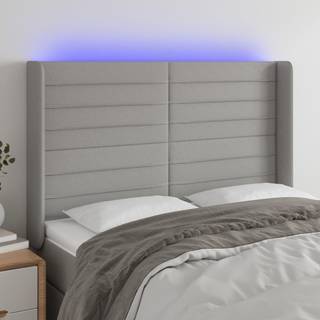 sengegavl med LED-lys 147x16x118/128 cm stof lysegrå