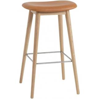 Muuto Fiber Barstol med Træ Base Læder Polstret Cognac/Eg H76 cm