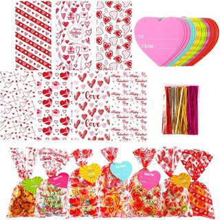 182 PCS Valentines Gaveposer Valentine Cellophane Tasker 7 Assorterede stilarter Valentine Behandle poser Valentine godbidder med 35 pc