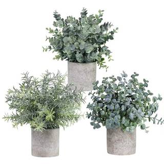 VINLYN S?t med 3 mini -potte kunstige eukalyptusplanter plast Fake Green Rosemary Plant til boligindretning Office Desk Broes Room Decoration