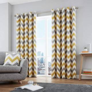 Fusion Fusion Ochre Yellow Chevron Geo Lined Eyelet Curtains
