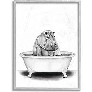 Stupell Industries Flodhest i et badekar Sjove dyrebadevrelse Tegning Design af Rachel Neiman Vgkunst 11 x 14 Gr indrammet
