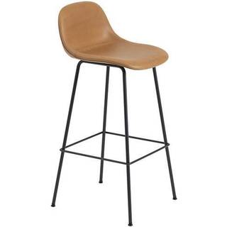 Muuto Fiber Barstol med Tube Base Og Ryglæn Læder Polstret Cognac/Sort H97,5 cm