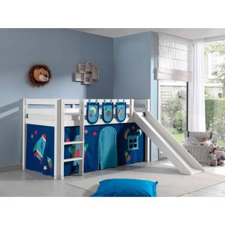 Halvhøj seng med rutsjebane Pino – hvid, Astro gardin og lommer