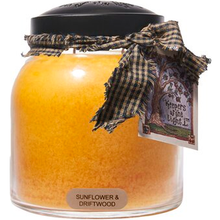 En munter giver - Sunflower & Driftwood - 34 oz papa duftende stearinlys med låg - Keepers of the Light - 155 timers gavelys gul