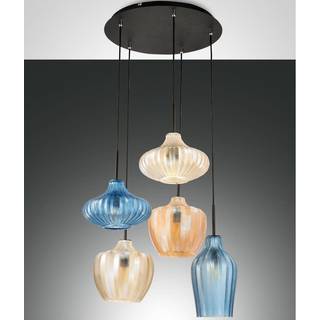 Hængelampe Olbia, Ø 50 cm, 5 lyskilder, rav/blå/beige, glas