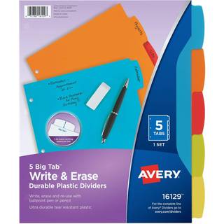 Avery Big Tab Writ & Slete Durable Plastic Dividers 8 1/2 """" X 11 """" Multicolor Brights 5-Tab