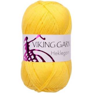 Viking Heklegarn 12/4 845 Gul Indhold:100% bomuld Vægt/længde: 100 g = ca. 300 meter Anbefalede pinde: 3 mm Strikkefasthed: 10 = 24 m Anbefalet hæklenål: 1.5-1.75mm Vask:Maskinvask 60ºC.
