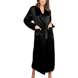 Lady Avenue Pure Silk Long Robe - Black - Small