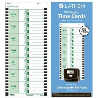 Lathem Weekly Thermal Print Time Cards Single-Sided 2100HD og 800P Time Clocks 9 """" 100 Pack (E8-100)