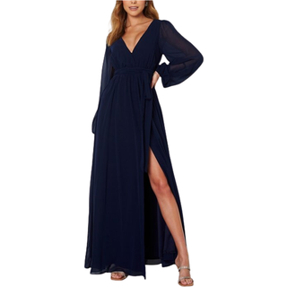 Goddiva Long Sleeve Chiffon Dress Navy XXS (UK6)