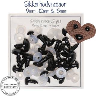 Go Handmade Sikkerhedsnæser Mix Pakke med 25 sikkerhedsnæser str. 9, 12 og 16 mm. Næserne er sorte og har en lukkemekanisme i gennemsigtig plastik.