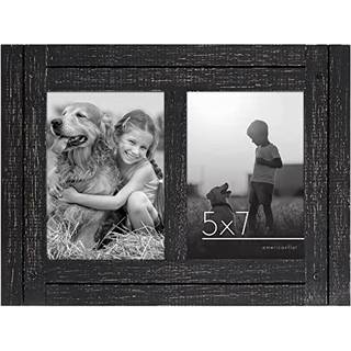 AmericanFlat 5x7 Double Picture Frame in Charcoal Black - Distressed Wood Decorative Family Picture Ramme med poleret glas inkluderer h?ngende ha