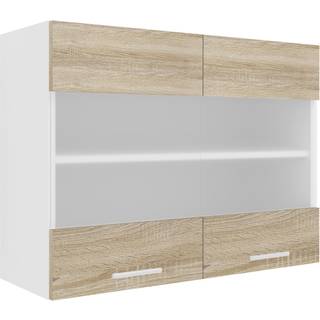 Esilo overskab køkken 80 cm 2 glaslåger hvid, eg dekor.