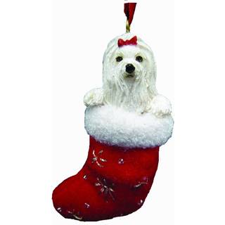 Malteserhund julestrømpepynt - håndmalet, syede detaljer, ca. 10 cm høj x 5 cm bred, rød filt julestrømpe med Julemandens små venner