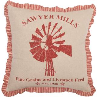 VHC Brands Farmhouse Sawyer Mill Chambray Windmill Square Pillow Red 18x18