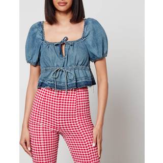 Ganni Puff-sleeve denim crop top - blue - L